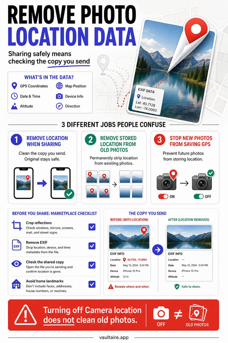 How to Remove Location Metadata from iPhone Photos — illustrated Vaultaire guide card