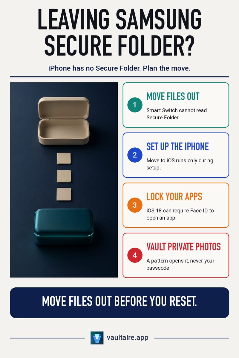 Samsung Secure Folder vs iPhone: What to Know Before You Switch (2026) — illustrated Vaultaire guide card