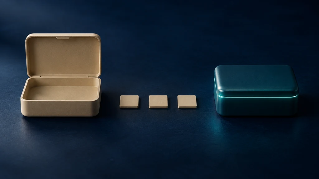 Two rounded boxes on a dark blue surface. The sand-colored box on the left has its lid fully open and is empty. The teal box on the right is closed, and a faint teal glow shows through the gap under its lid. Between them, three small sand-colored squares form a line leading from the left box to the right box.
