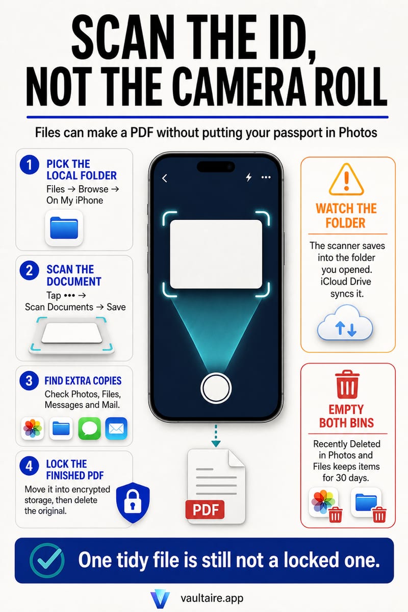 Scan ID Documents on iPhone Privately — illustrated Vaultaire guide card