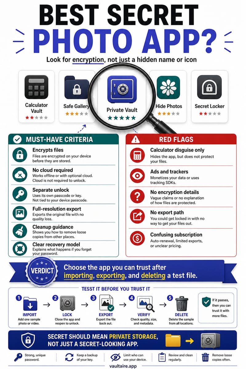 Best Secret Photo App for iPhone (2026): What Actually Encrypts Your Files — illustrated Vaultaire guide card