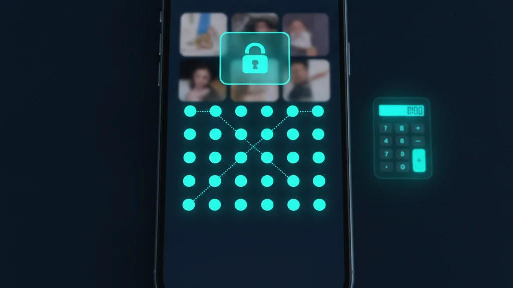 شاشة iPhone تعرض واجهة تطبيق خزنة صور مقفلة مع شبكة فتح بالنمط، تمثل تطبيق صور سري على iPhone.