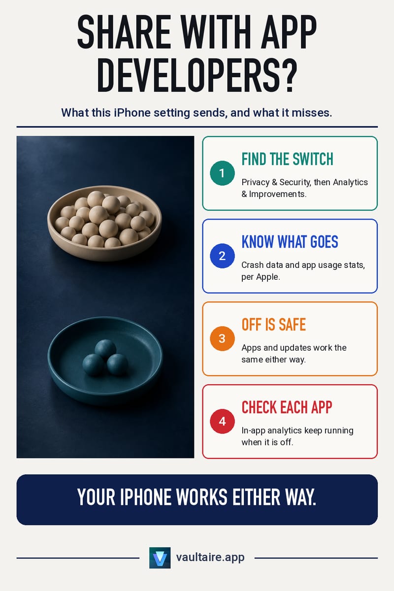 Should You Turn Off Share With App Developers on iPhone? — illustrated Vaultaire guide card