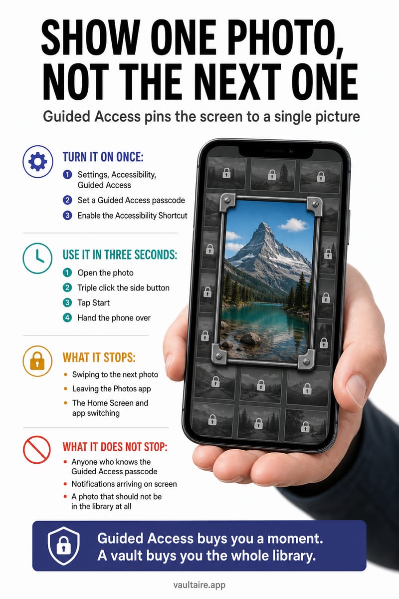 How to Show One Photo on iPhone Without Letting Someone Swipe — illustrated Vaultaire guide card
