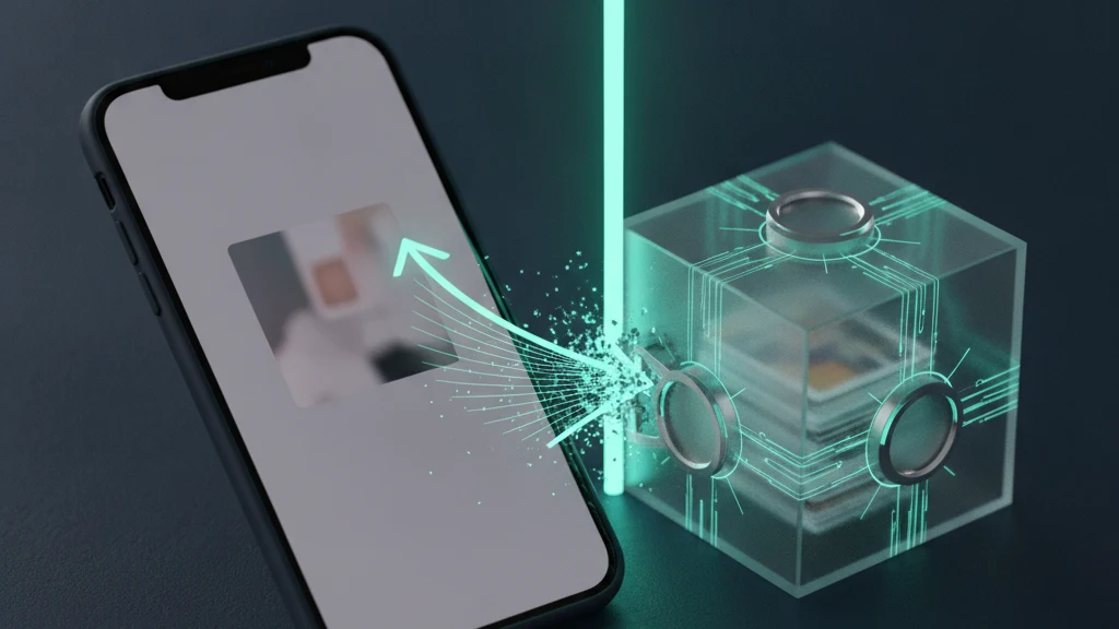 iPhone natažený na tmavě modrém pozadí, na kterém je vidět jedna fotka, zatímco průhledná bariéra zastavuje gesto přejetí prstem na okraji obrazovky. Vedle telefonu svítí teplým tyrkysovým světlem uzavřená krychle trezoru, což znázorňuje, jak ukázat jeden obrázek, aniž by mohl někdo přejetím zobrazit ostatní.