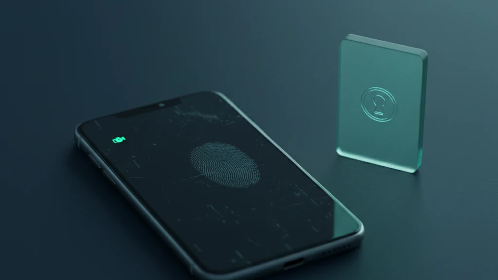 Il·lustració abstracta d'una pantalla de telèfon amb empremtes digitals tènues i un punt verd brillant de càmera, suggerint que algú l'ha manipulat recentment.