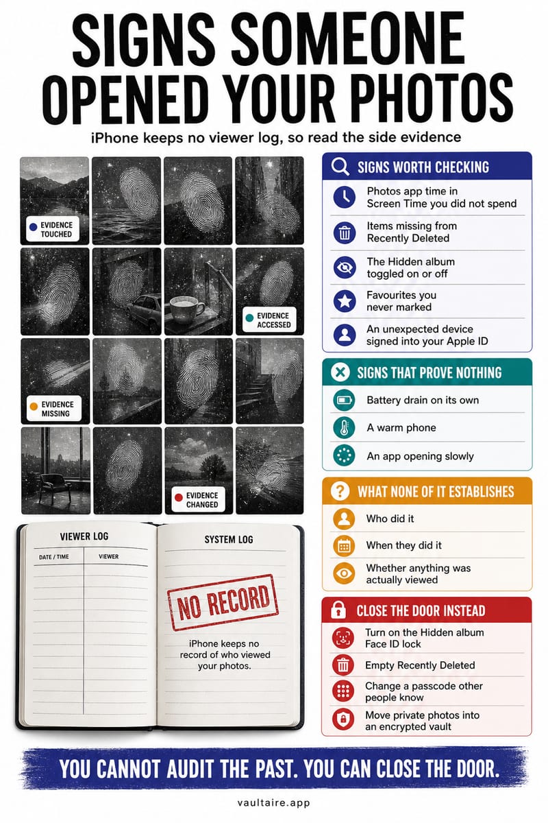 Signs Someone Went Through Your iPhone Photos (2026) — illustrated Vaultaire guide card