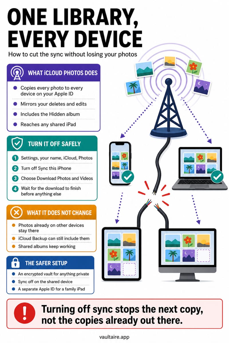 How to Stop iCloud Photos Syncing to Your Other Devices (2026) — illustrated Vaultaire guide card