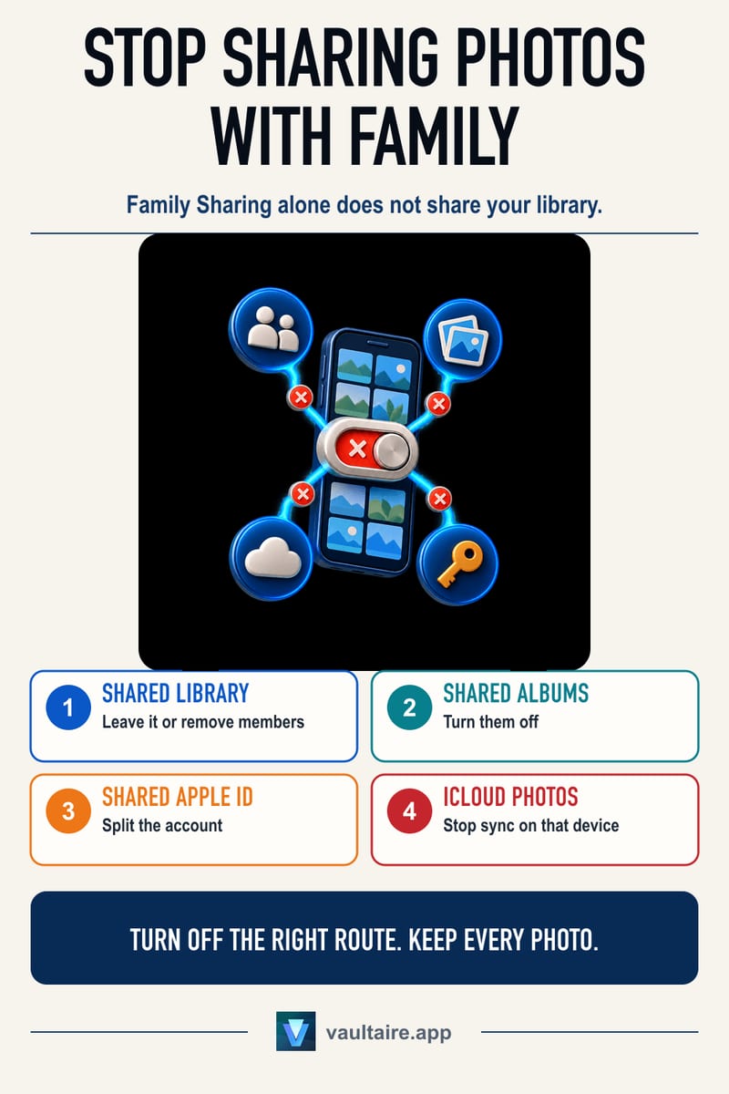 How to Stop Sharing Photos With Family on iPhone: 4 Settings to Turn Off — illustrated Vaultaire guide card