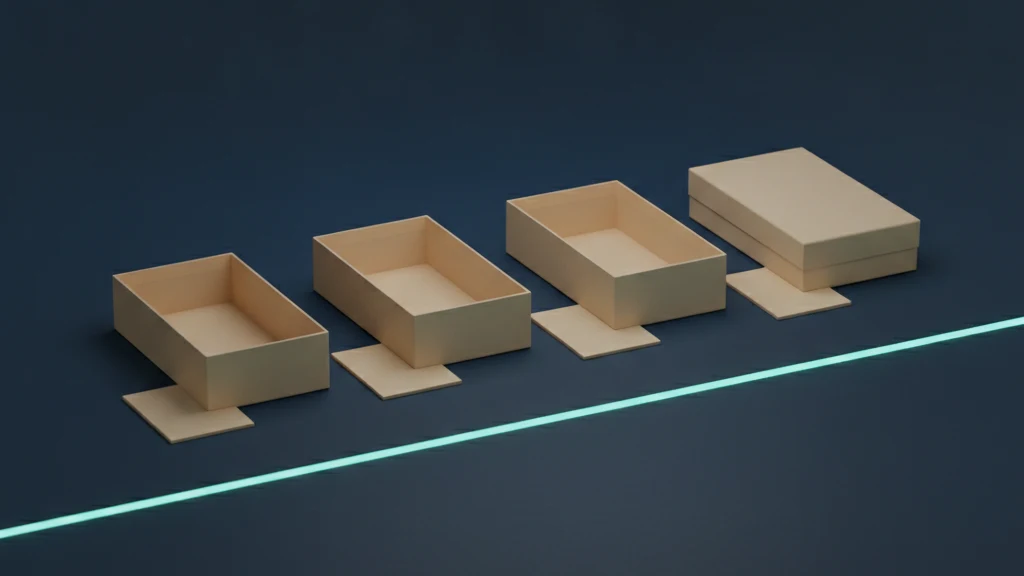 Four sand coloured flat boxes stand in a row on a dark navy surface. The three on the left have their lids set aside and are empty. Only the one on the right is closed. A thin teal line of light crosses in front of all four boxes.