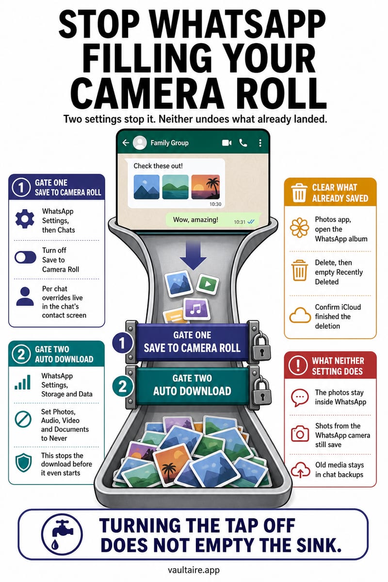 How to Stop WhatsApp Photos Saving to Your iPhone Camera Roll — illustrated Vaultaire guide card