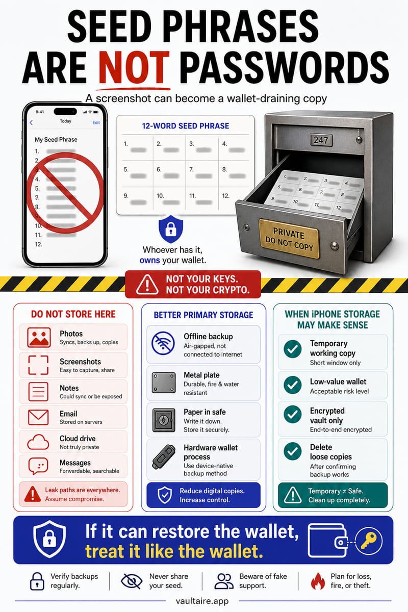 Should You Store a Crypto Seed Phrase on iPhone? — illustrated Vaultaire guide card