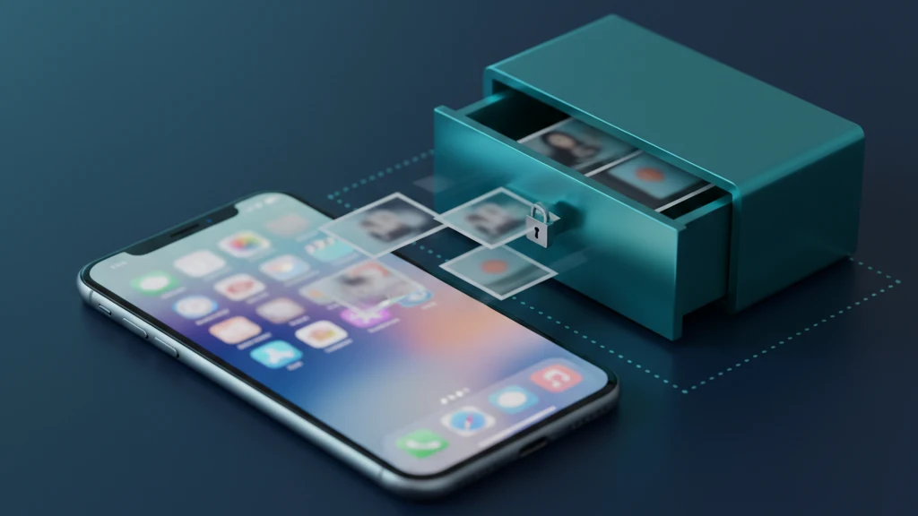 Ilustracion abstracta de un iPhone junto a una boveda de color azul verdoso sellada, con algunas tarjetas de fotos translucidas y borrosas moviendose del carrete de la camara hacia la boveda bloqueada, sin contenido legible.