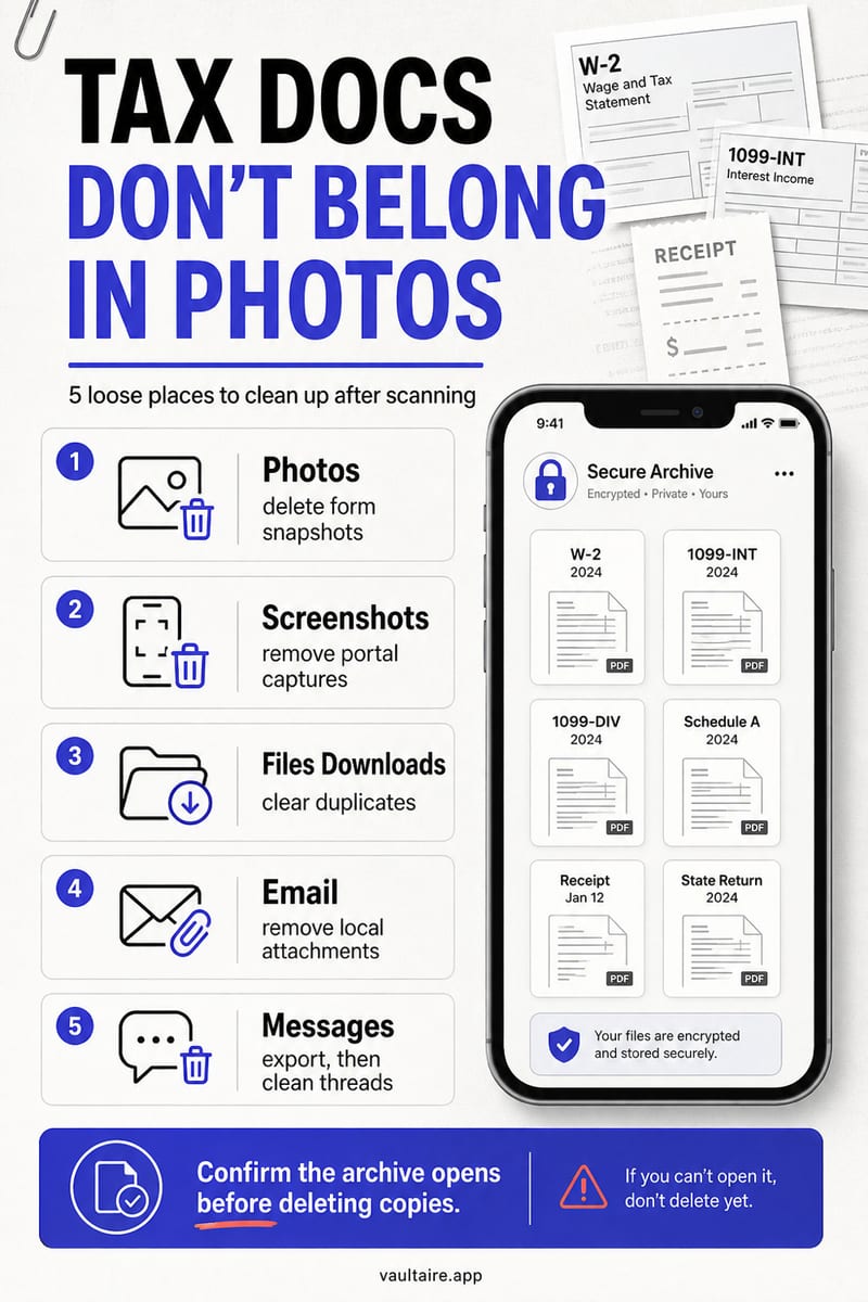 How to Store Tax Documents on iPhone Safely — illustrated Vaultaire guide card