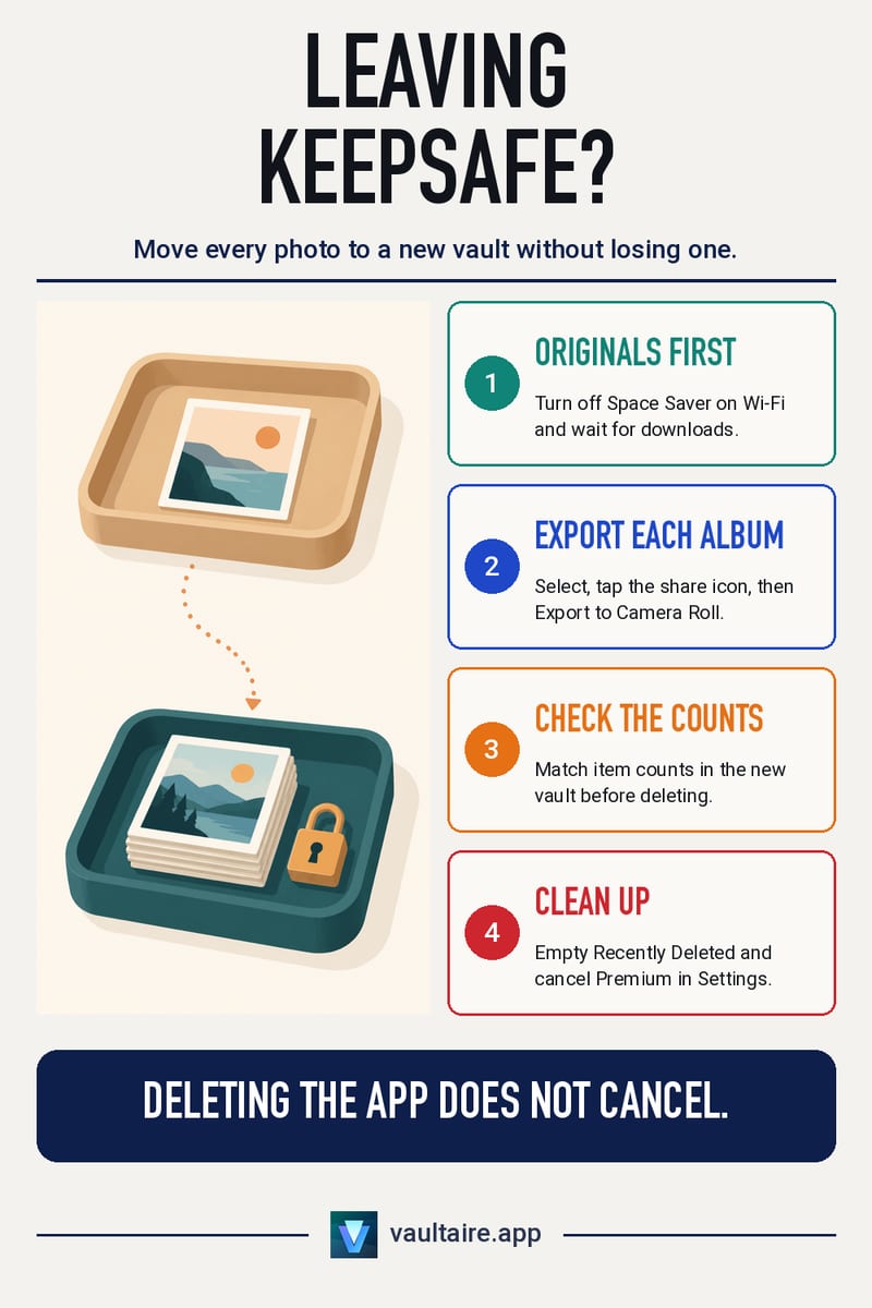 How to Switch From Keepsafe to Another Photo Vault (2026) — illustrated Vaultaire guide card