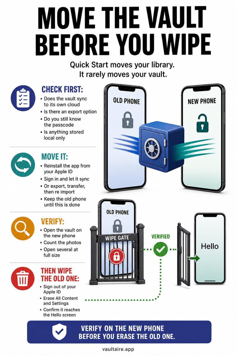 How to Transfer a Photo Vault to a New iPhone — illustrated Vaultaire guide card
