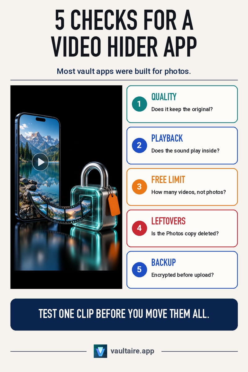 Video Hider Apps for iPhone: What to Check Before You Pick — illustrated Vaultaire guide card