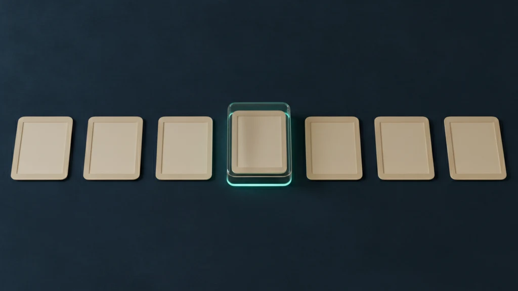 A row of blank sand coloured frames on a dark navy surface. The middle frame sits inside a clear glass case with a soft teal glow along its lower edge, while the others lie open.