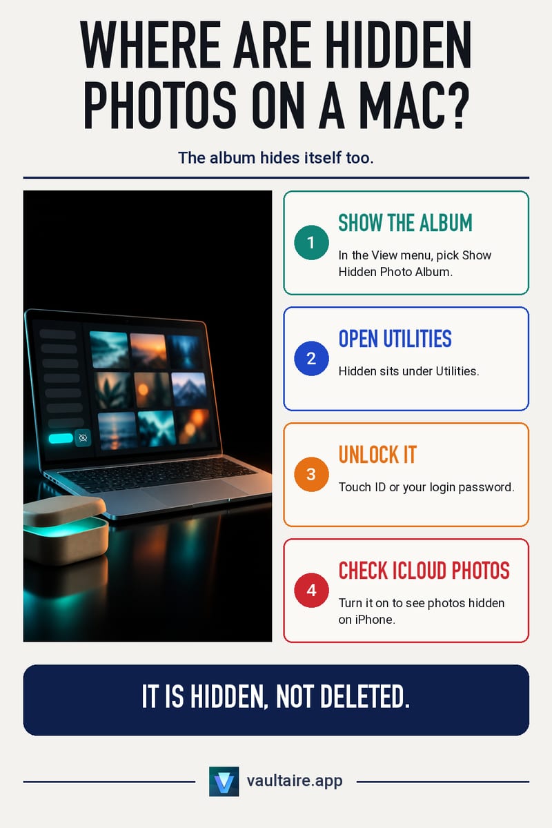 How to See Hidden Photos on Mac, and Fix a Missing Album — illustrated Vaultaire guide card
