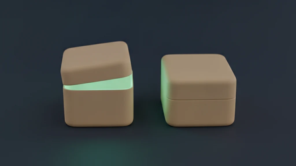 Two sand-colored boxes with rounded corners sit side by side on a dark navy surface. The lid of the left box is tilted slightly open, and teal light spills out through the gap. The right box stays closed.