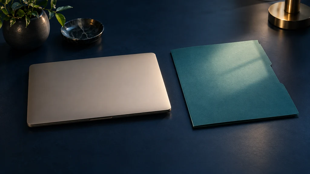 Ein geschlossener petrolfarbener Ordner liegt auf einem dunklen marineblauen Schreibtisch neben einem schmalen, sandfarbenen, zugeklappten Laptop. Ein kleines offenes Fenster aus weichem Licht fällt über den Ordner.