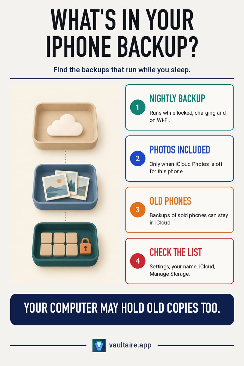 What Is in an iPhone Backup? Finding the Invisible Ones — illustrated Vaultaire guide card