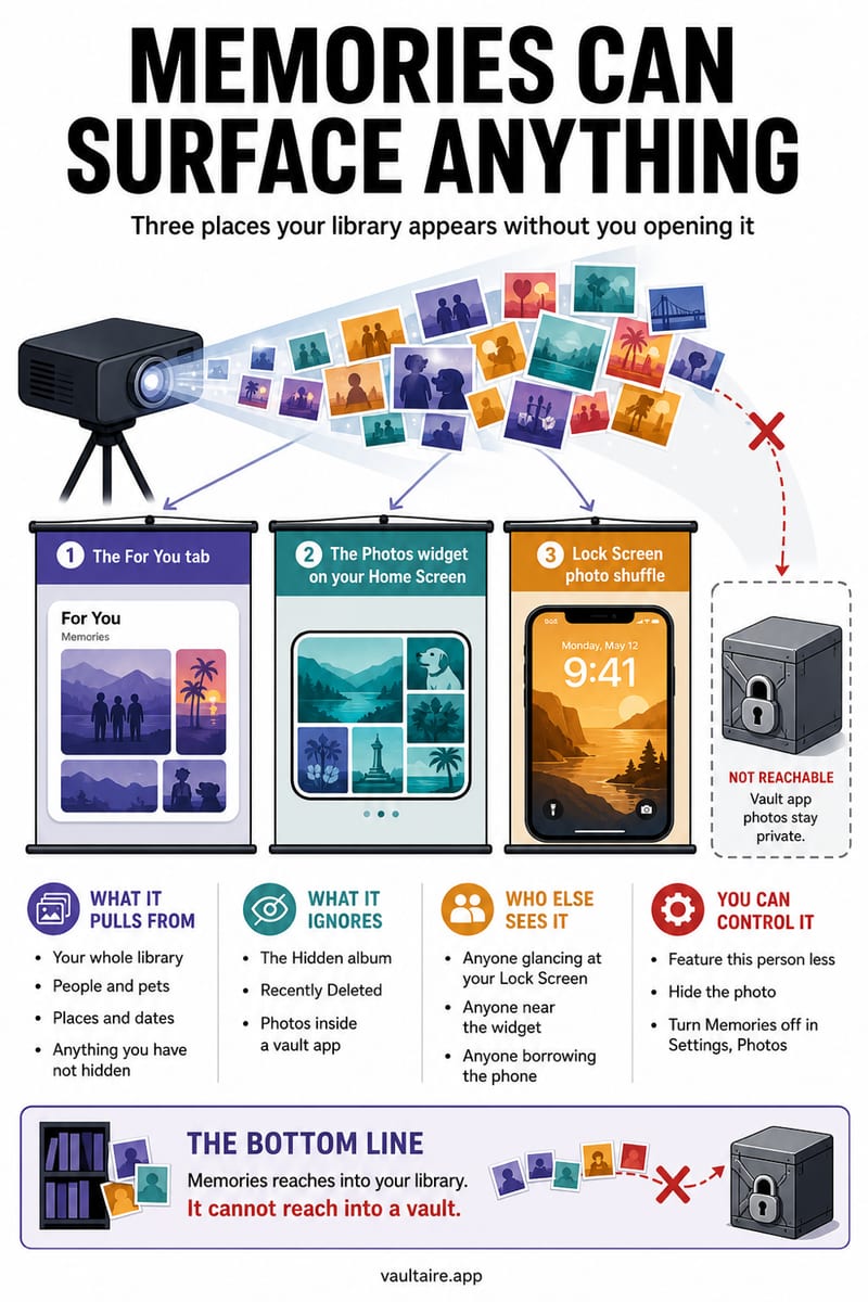 What Shows Up in iPhone Photo Memories (and Who Can See It) — illustrated Vaultaire guide card