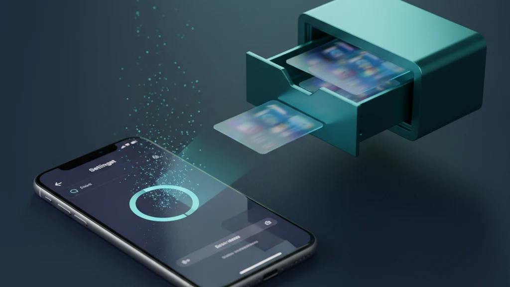 Ένα iPhone που εμφανίζει την οθόνη Διαγραφή όλου του περιεχομένου και ρυθμίσεων, δίπλα σε ξεχωριστό θησαυροφυλάκιο με τις ιδιωτικές φωτογραφίες και έγγραφα που αφαιρέθηκαν πριν την ανταλλαγή